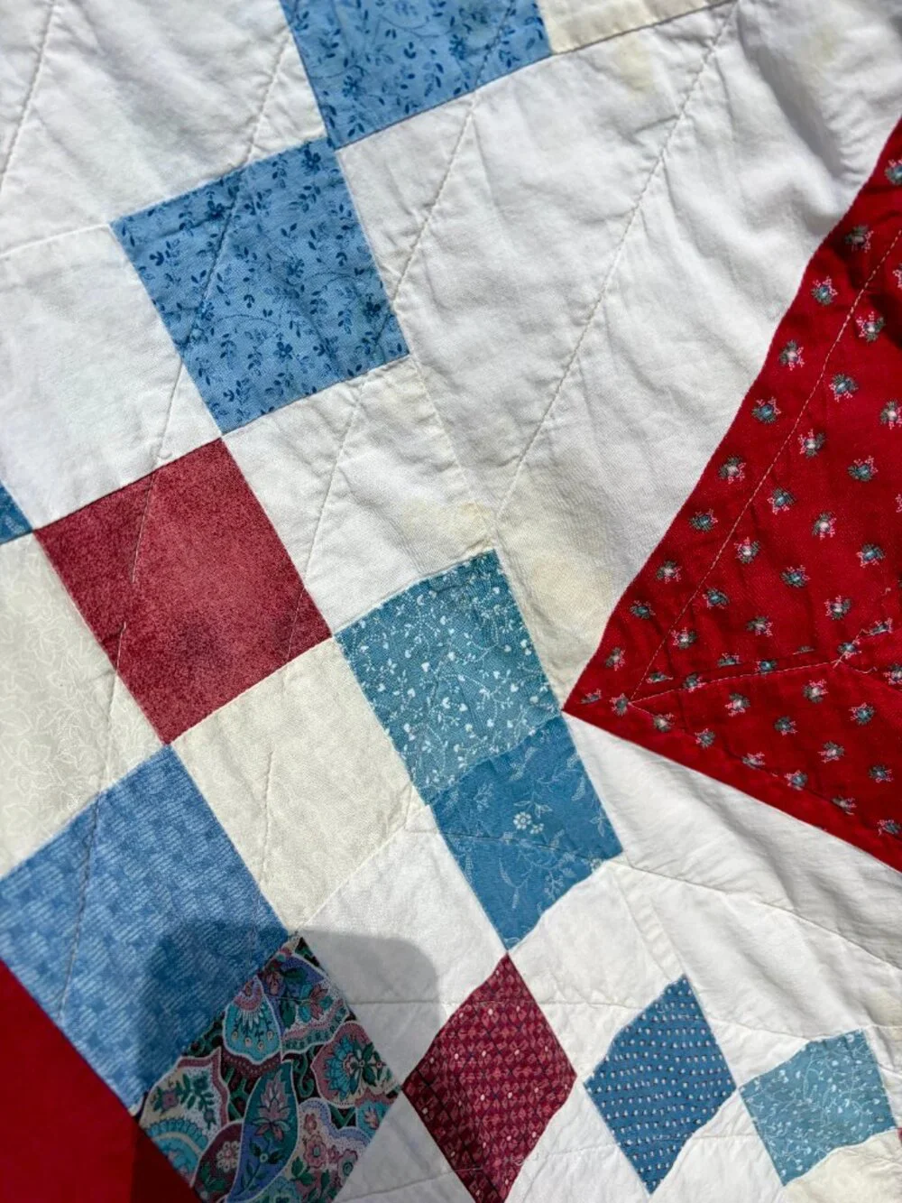 Vintage Red, White & Blue 9-Block Patchwork Quilt – Machine Stitched – 70